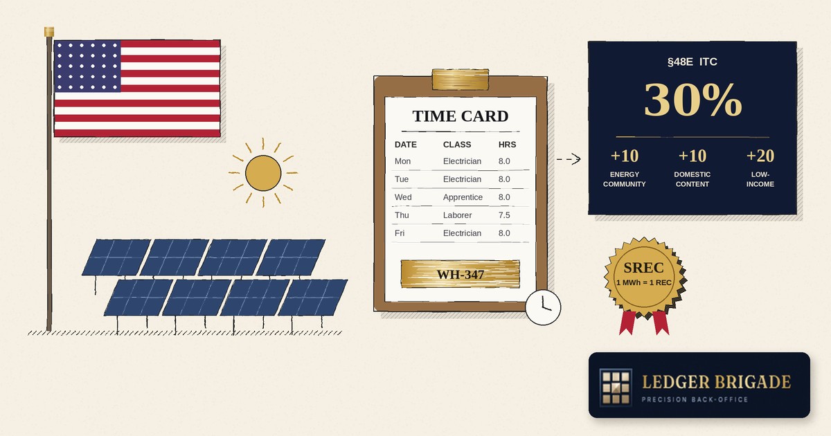 Commercial Solar Tax Credits in 2026: The ITC, SRECs, Rebates and the Payroll Records That Prove Your Credit