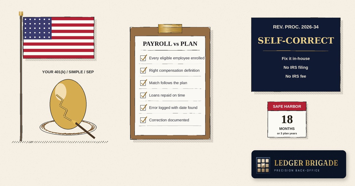 The IRS Just Made It Easier to Fix Your Own 401(k) Mistakes: What Small Employers Need to Know About Rev. Proc. 2026-34